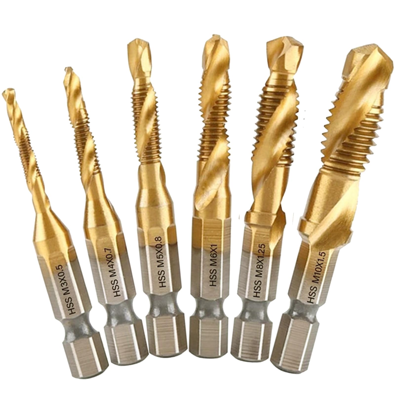6PCS HSS Thread Tap Drill Bit Set, Hex Shank Titanium Coated Hand Tap, M3 M4 M5 M6 M8 M10 Metric Plug Screw Spiral Point, Quick Change 1/4" Drilling Tool