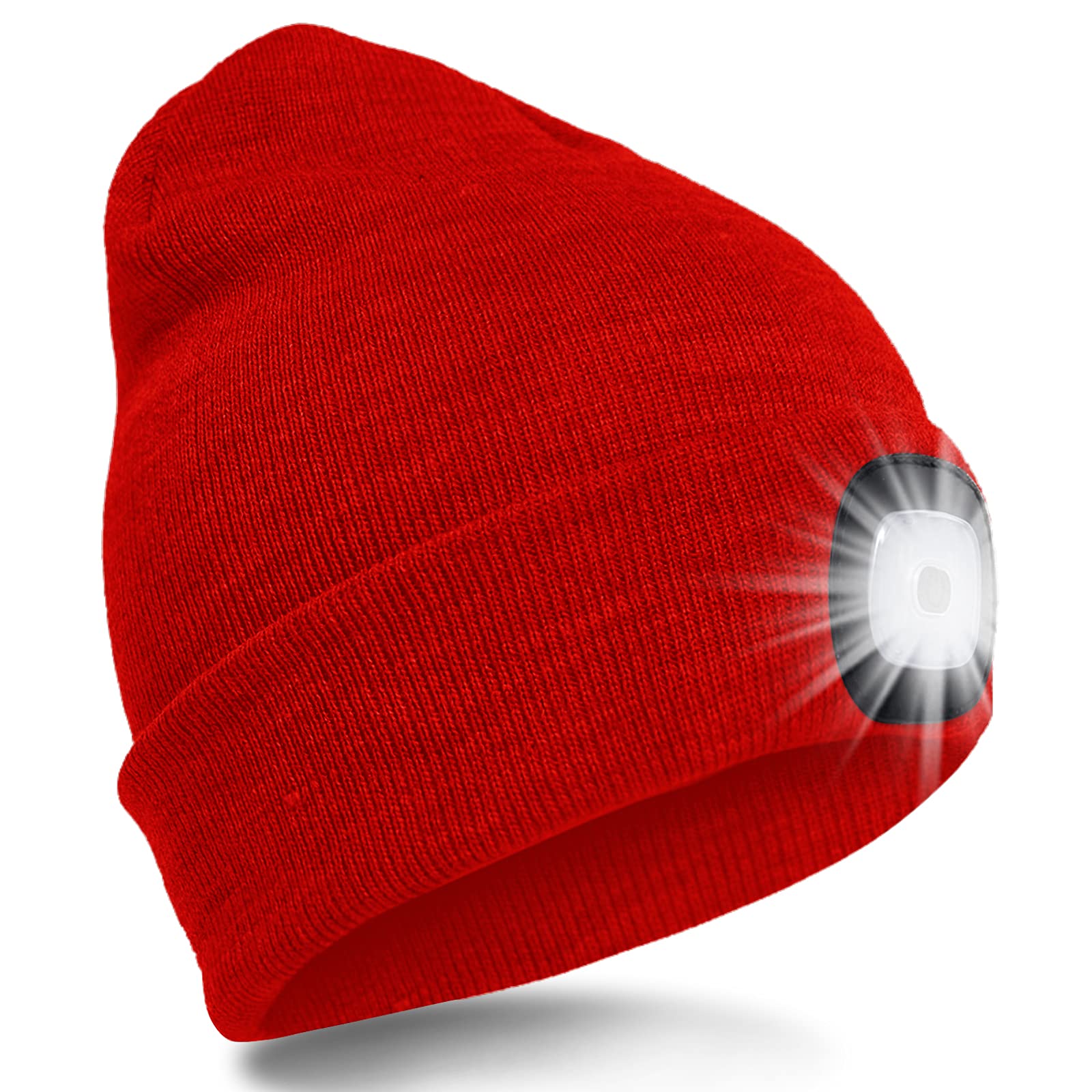 SPGOOD LED Lighted Beanie Cap Unisex USB Rechargeable Headlamp Knit Hat Winter Warm Hands Free Multi-color with 3 Brightness Levels 4 LED Light for Hunting Running Camping Fishing (Red)