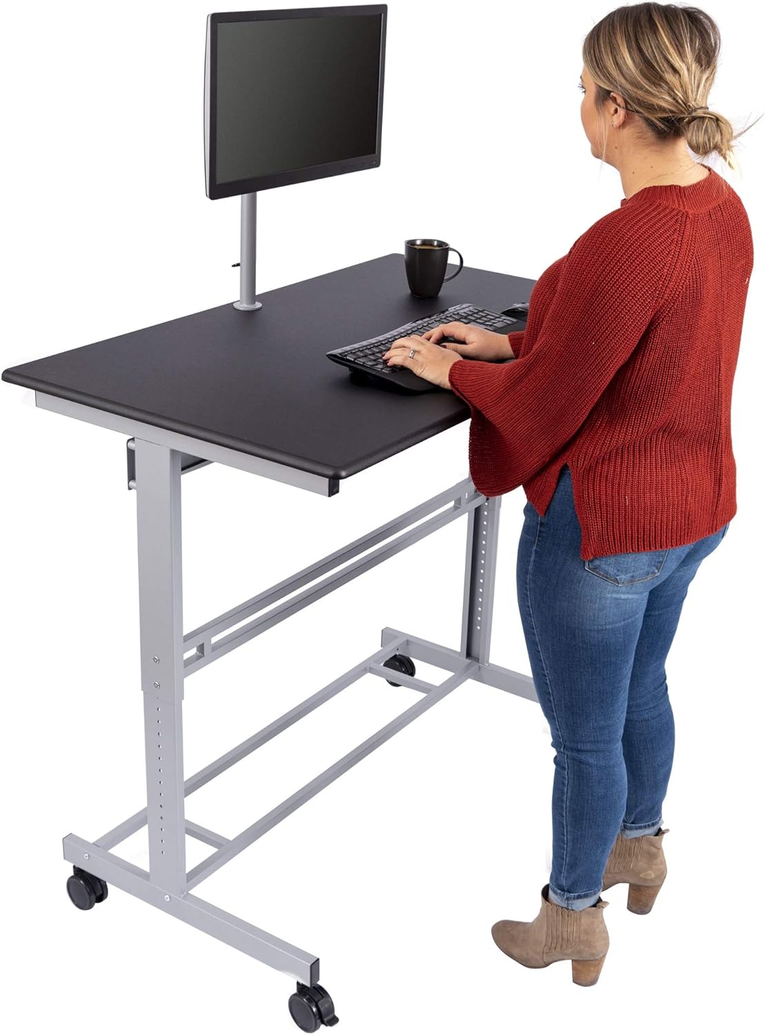 best standing desks on amazon on Amazon Com Stand Up Desk Store Rolling Adjustable Height Mobile Standing Desk With Monitor Mount Silver Frame Matte Black Top 48 Wide Office Products