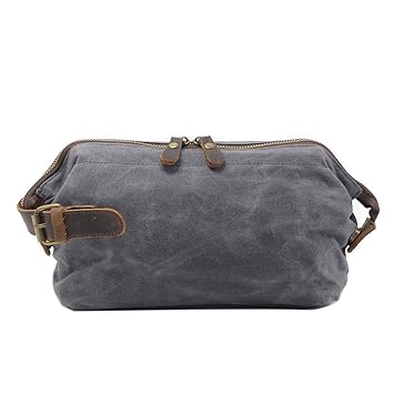 Neuleben Kulturtasche Wasserdicht Vintage Canvas Leder Damen Herren Kosmetiktasche Kulturbeutel für Reise Urlaub (Grau)