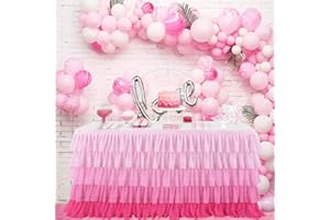 TAO-GE 14ft Pink Tutu Table Skirt for Rectangle Round Tables Chiffon Table Cloth for 1st Birthday Party Decorations Baby Shower Girls Parties Cake Dessert Table Decorations Ruffle Table Skirting