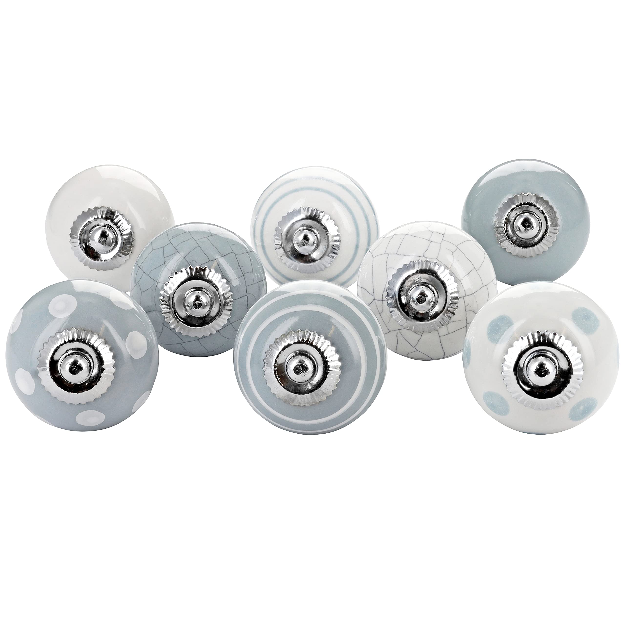 G Decor Grey and White Handmade Assorted Designs Ceramic Door Knobs, Vintage, Shabby Chic, Interior Furniture, Cabinet Cupboard Wardrobe Drawers Pulls Handles (8-Pack)