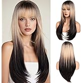 YUCCAHA Ombre Wig with Bangs Long Straight Wig for Women, Layered Heat Resistant Synthetic Wigs for Daily and Party Use(Ombre Brown Blonde, 26 Inch)