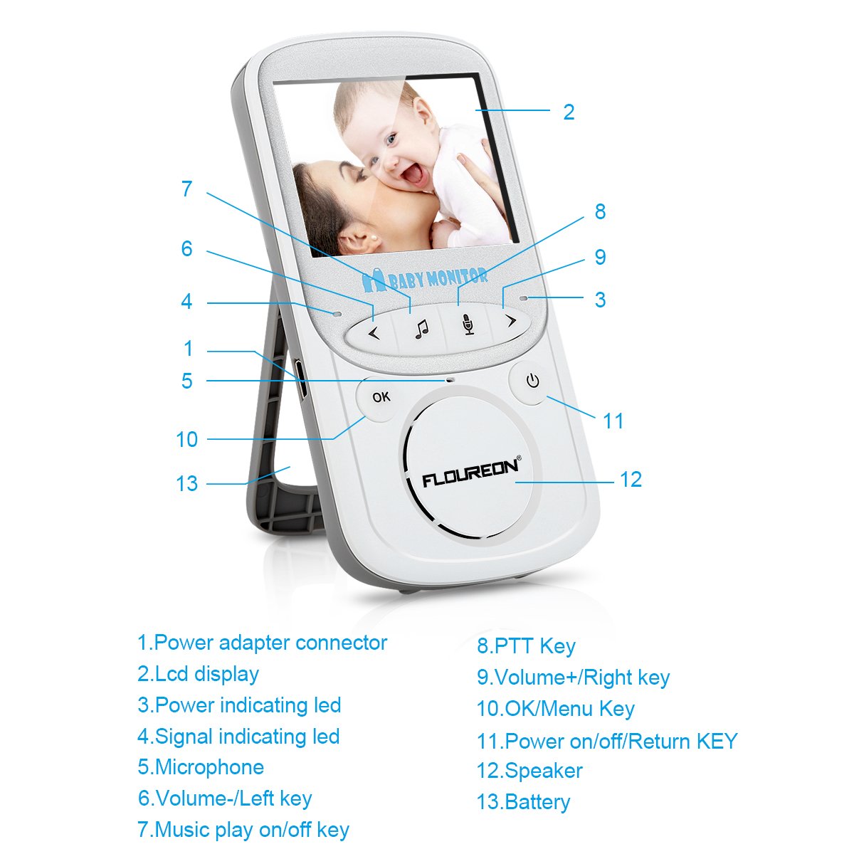 FLOUREON VB605-2.4\'\' monitor bebé digital inalámbrico, 2.4GHz LCD vídeo, cámara de seguridad, visualización de temperatura, diálogo bidireccional, visión nocturna