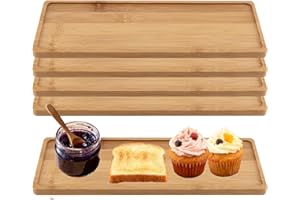 HAKZEON 5 Pack Bamboo Tea Serving Tray,Rectangle Narrow Bamboo Serving Platter, Bathroom Counter Trays with Edges for Kitchen