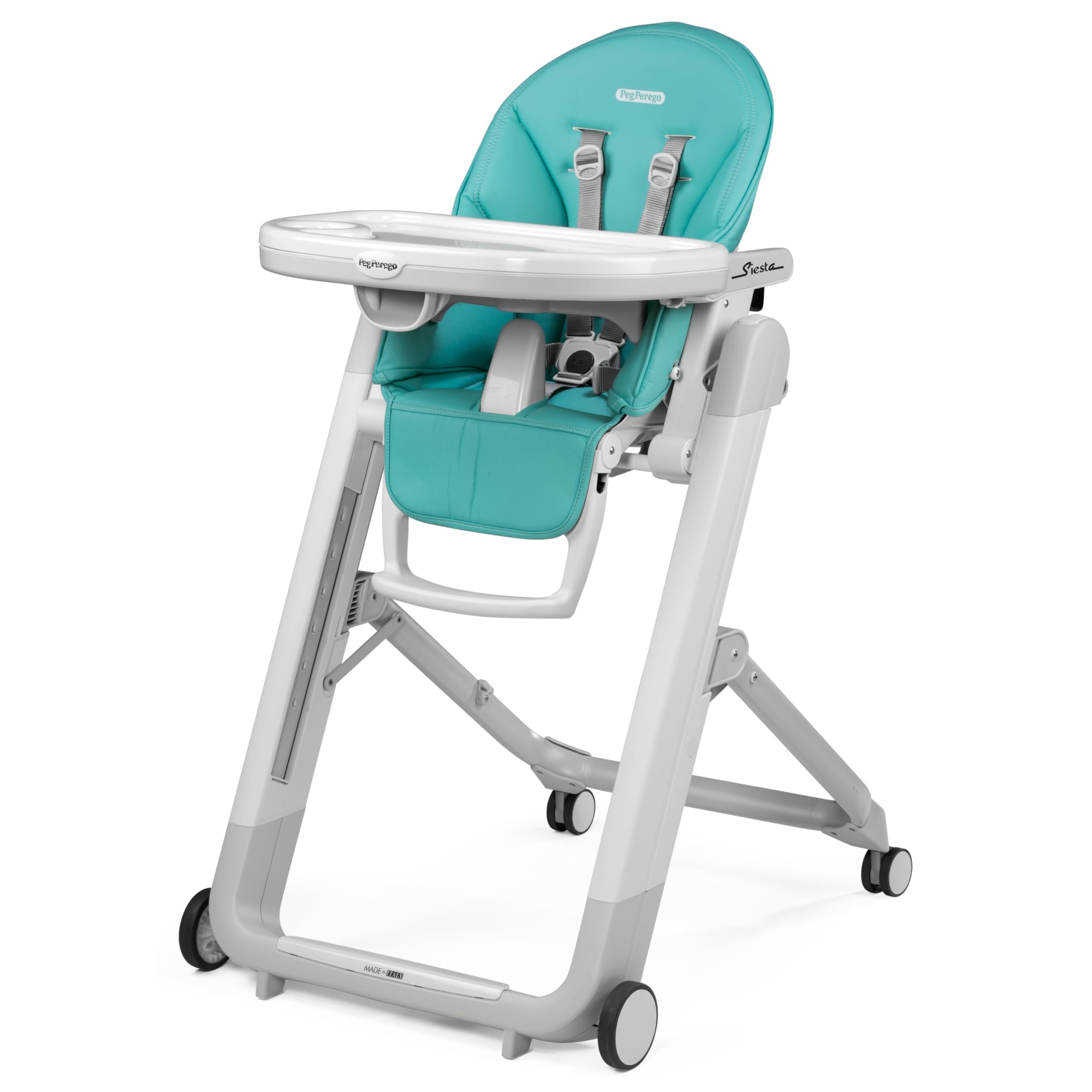 Peg Perego Siesta, Grow with Baby Folding High Chair & Recliner, Height Adjustable, Quick Clean & Easy Push Wheels for Babies & Toddlers, Made in Italy, Tahiti (Ocean Turquiose) Image