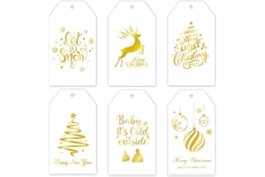 120Pcs Christmas Gift Tags Merry Christmas Gold Foil Paper Tags Holiday Hang Name Tag with Strings Label for Xmas Winter Birt