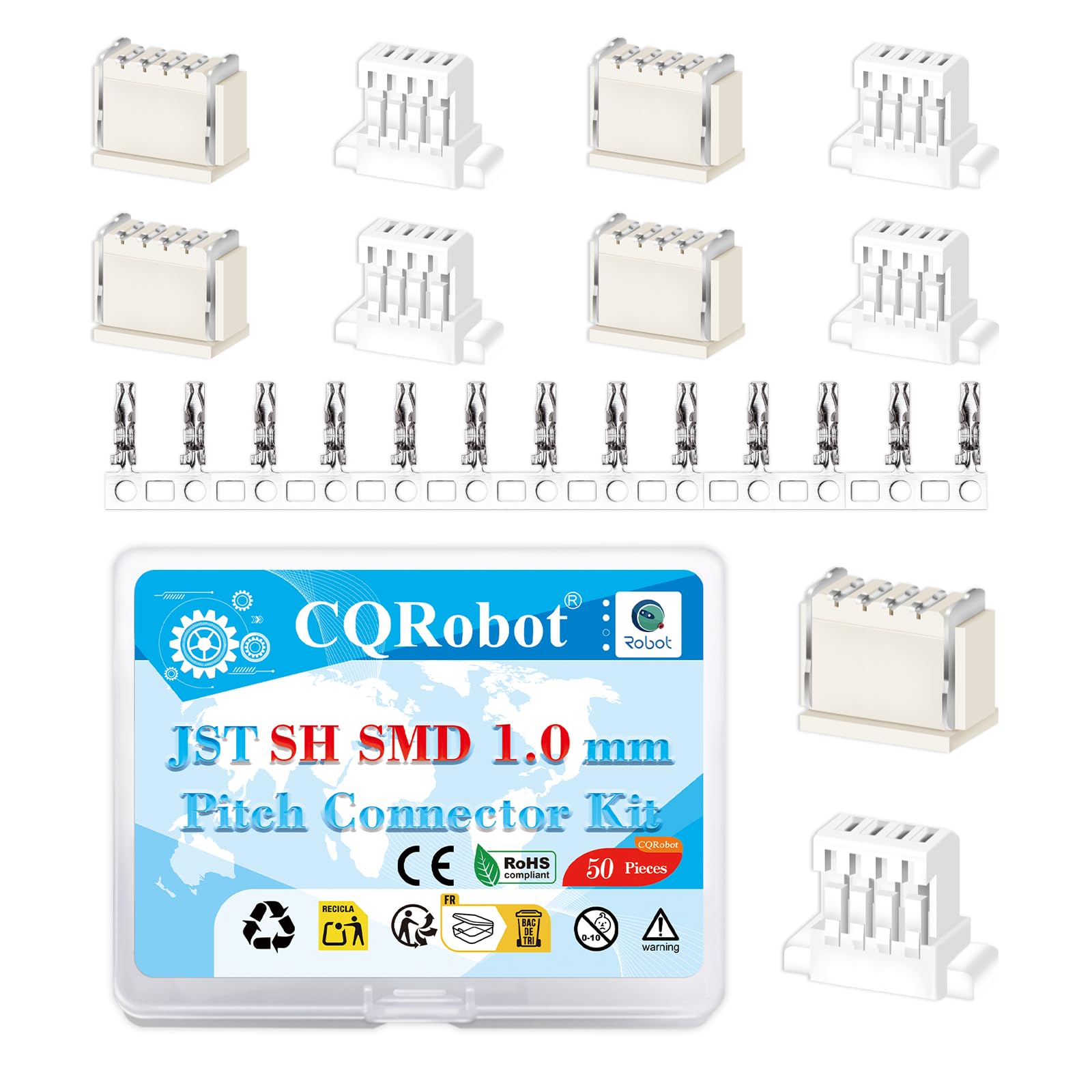 CQRobot JST SH SMD 1.0 mm Pitch 4-Pin Electronic Computer Connector IC Male Plugs, Female Sockets Housing and T-Shaped Crimp Terminal Kit. 50 Sets/300 Pieces Wire-to-Board Adapter Cable Assembly.