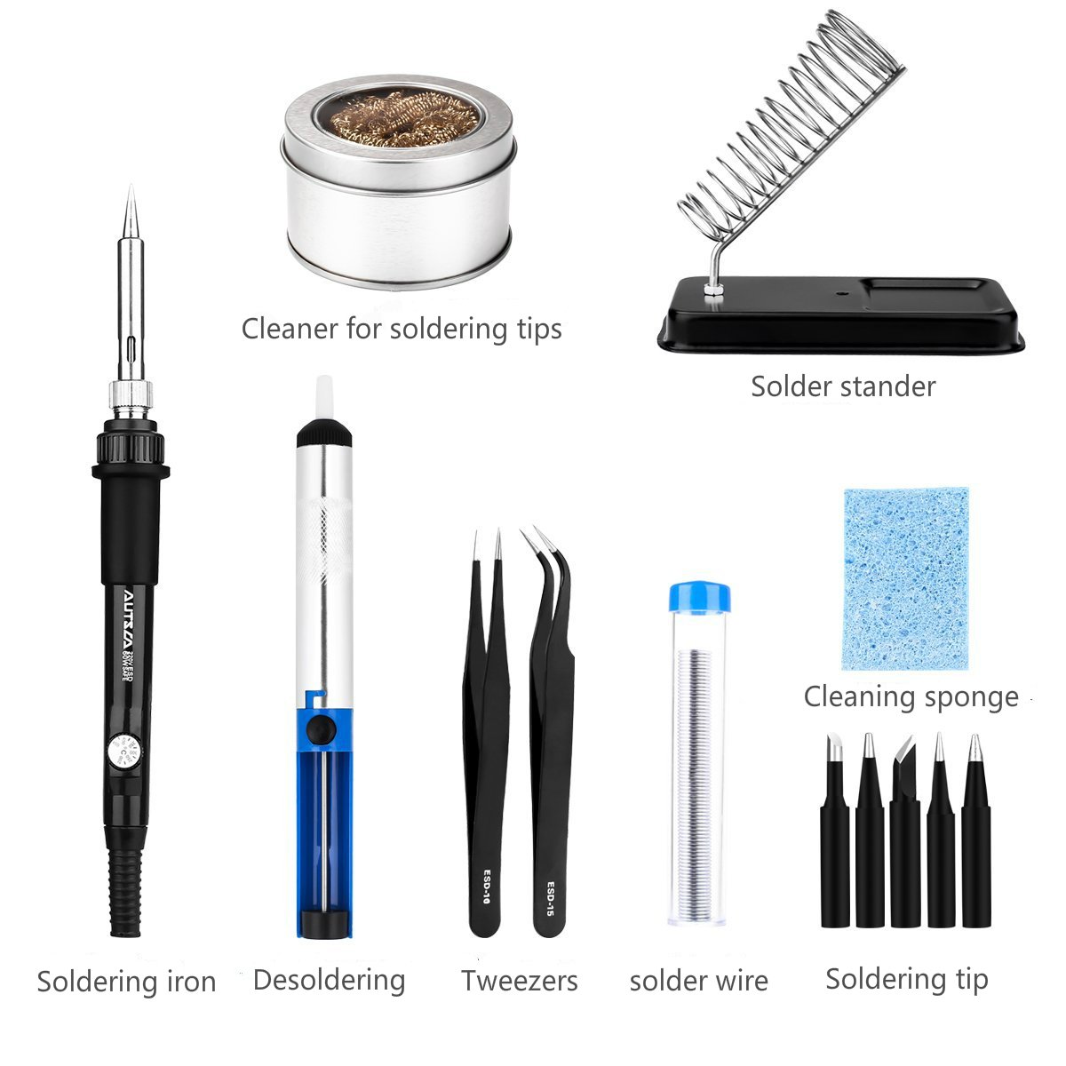 AUTSCA Fer à Souder Kit , Fer à Souder Set 220V 60W à Souder, Température Réglable, 5pcs Différents Conseils, Pompe à Dessouder, Titulaire, Pince à épiler Antistatique, Fil à Souder, ect