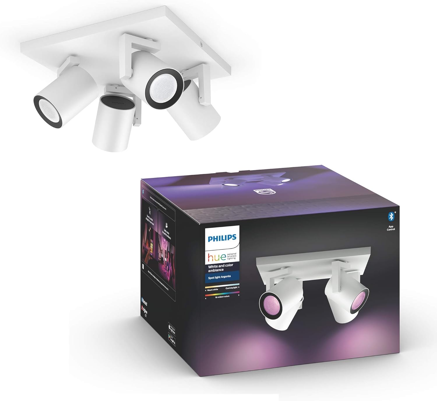 Philips Hue Argenta White & Colour Ambiance Smart 4X Ceiling Spotlight Plate LED (GU10) with Bluetooth, White
