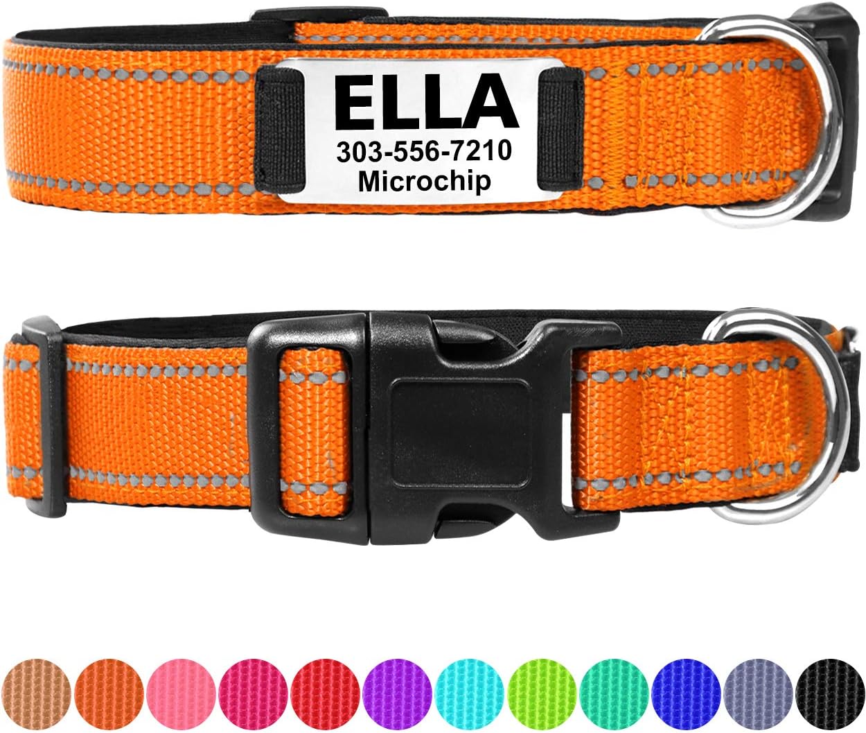 Taglory Personalised Dog Collar with Name Plate/Custom Engraved Pet ID Tags No Noise/Reflective Collars Training for Small Medium Large Dogs/Orange