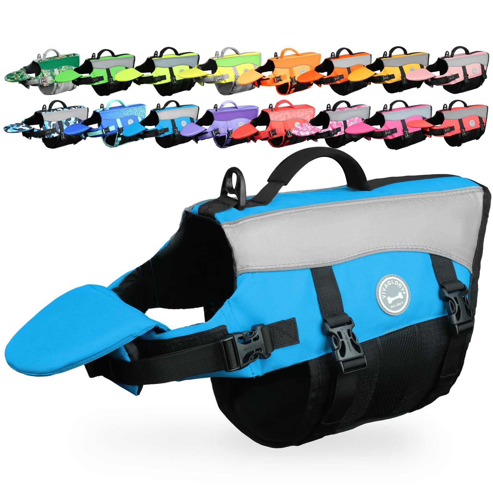 VIVAGLORY Front Float Dog Life Jacket, Dog Buoyancy Aid for Swimming & Boating, Life Vest with Chin Float & Handle, Ripstop & Buoyancy for Doggy, L, Blue