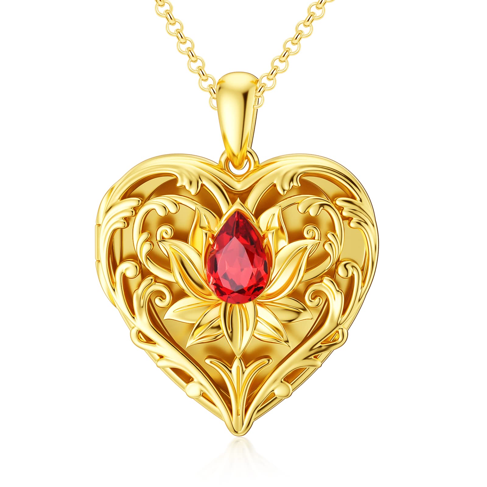 SOULMEET 18K Gold Filled Silver Heart Hollow Lotus Locket Necklace That Holds 1 Picture with Red Ruby Crystal, 20" (Locket only)
