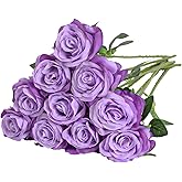 Nubry Artificial Silk Rose Flower Bouquet Lifelike Fake Rose for Wedding Home Party Decoration Event Gift 10pcs (Light Purple)