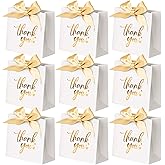 50 Pack Small Thank You Gift Bags, 4.5x1.8x3.9 Inches Party Favor Bags, Mini White Thank You Bags with Ribbon, Wedding Candy Favor Boxes, Paper Gift Bags for Baby Shower, Birthday Party