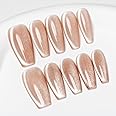 Sun&Beam Nails Handmade Press-On Medium Long Coffin Ballerina with Flesh Color Cat Eye Design Charm Cute False Nail Tips 10 Pcs (#86 S)