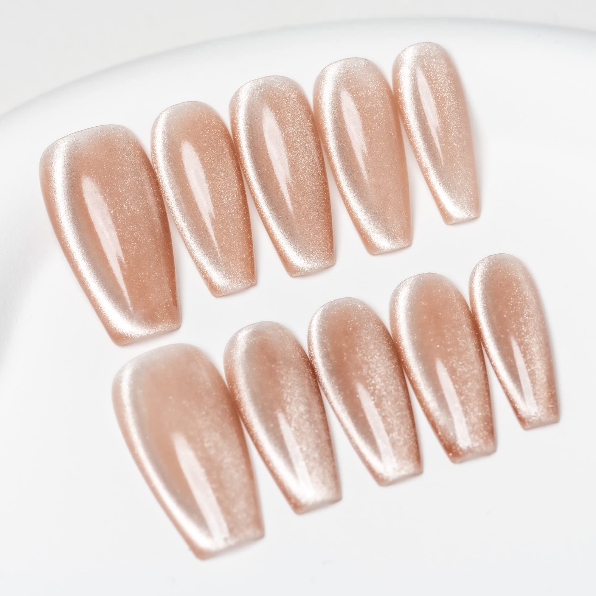 Sun&Beam Nails Handmade Press-on Medium Long Coffin Ballerina Nude Beige Magnet Solid Color glossy Design Fashion False Nail Tips 10 Pcs Set (#086 L) — image 1