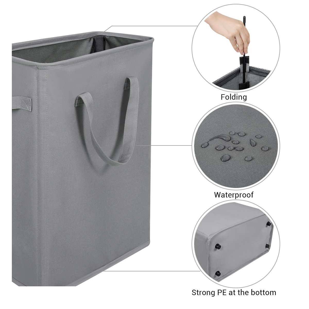 Chrislley Slim Laundry Basket Hamper Handy Foldable Bag Handle Collapsible Oxford Cloth Basket Bin Organizer 44.5L（Grey）