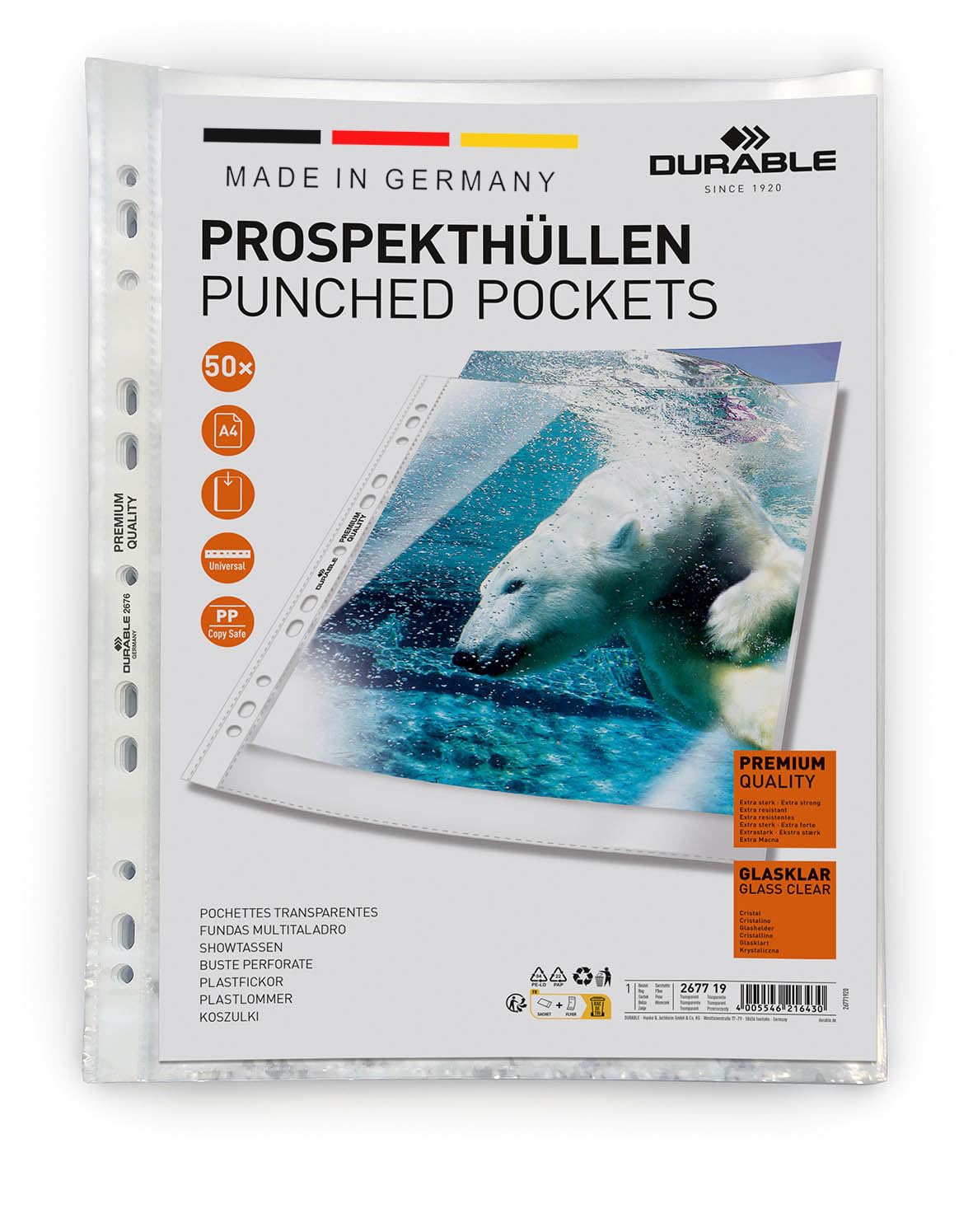 Durable Transparent Punched Pocket A4 Portrait | Punched Document Wallet with Thickness of 0.08mm | Large Pack of 50 Glass Clear Pockets