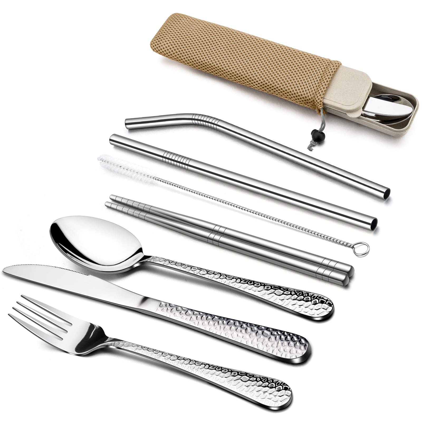 HaWare 9 Piece Portable Hammered Cutlery Sets, Stainless Steel Camping Flatware for 1, Travel Utensils Including Knife, Fork, Spoon, Chopsticks, Cleaning Brush, Straws, Portable Case & Bag (Wheat)