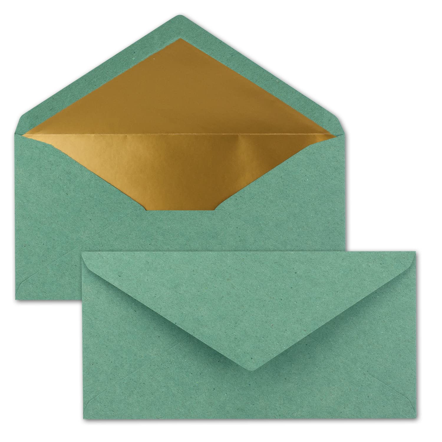15 DIN Long Envelopes - Vintage Envelopes Eucalyptus (Green) with Gold Metallic Lining - 110 x 220 mm - Wet Adhesive - Festive Envelopes for Invitations
