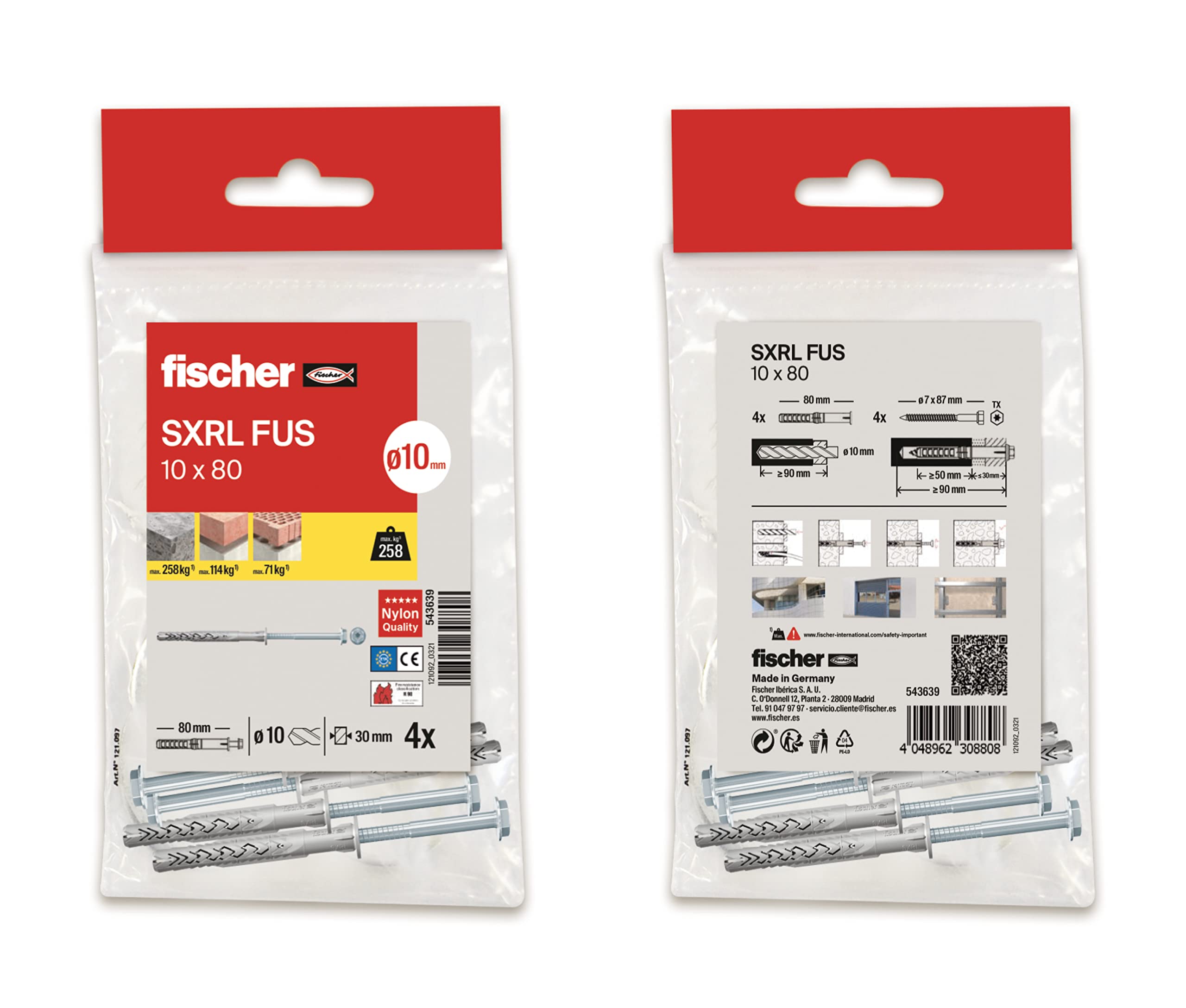 fischer - SXRL 10 x 80 Long Screws for Wall Concrete and Brick, Pack of 10