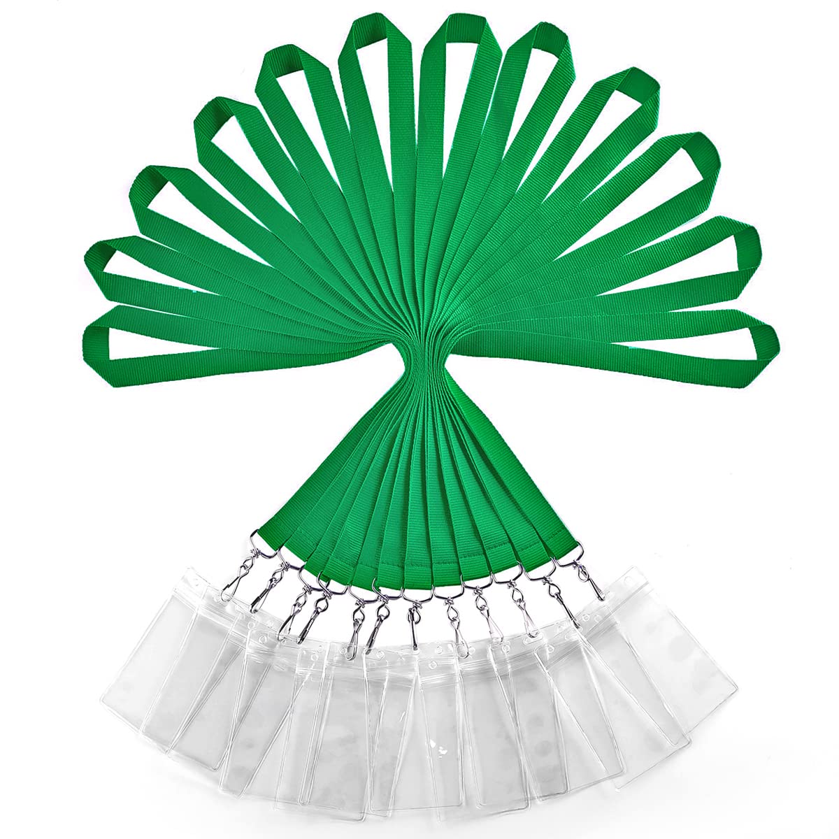 12 Pack Lanyard with ID Card Holder, Durable Rainbow Neck Lanyards Straps with Clear Waterproof Holders in Bulk, Green