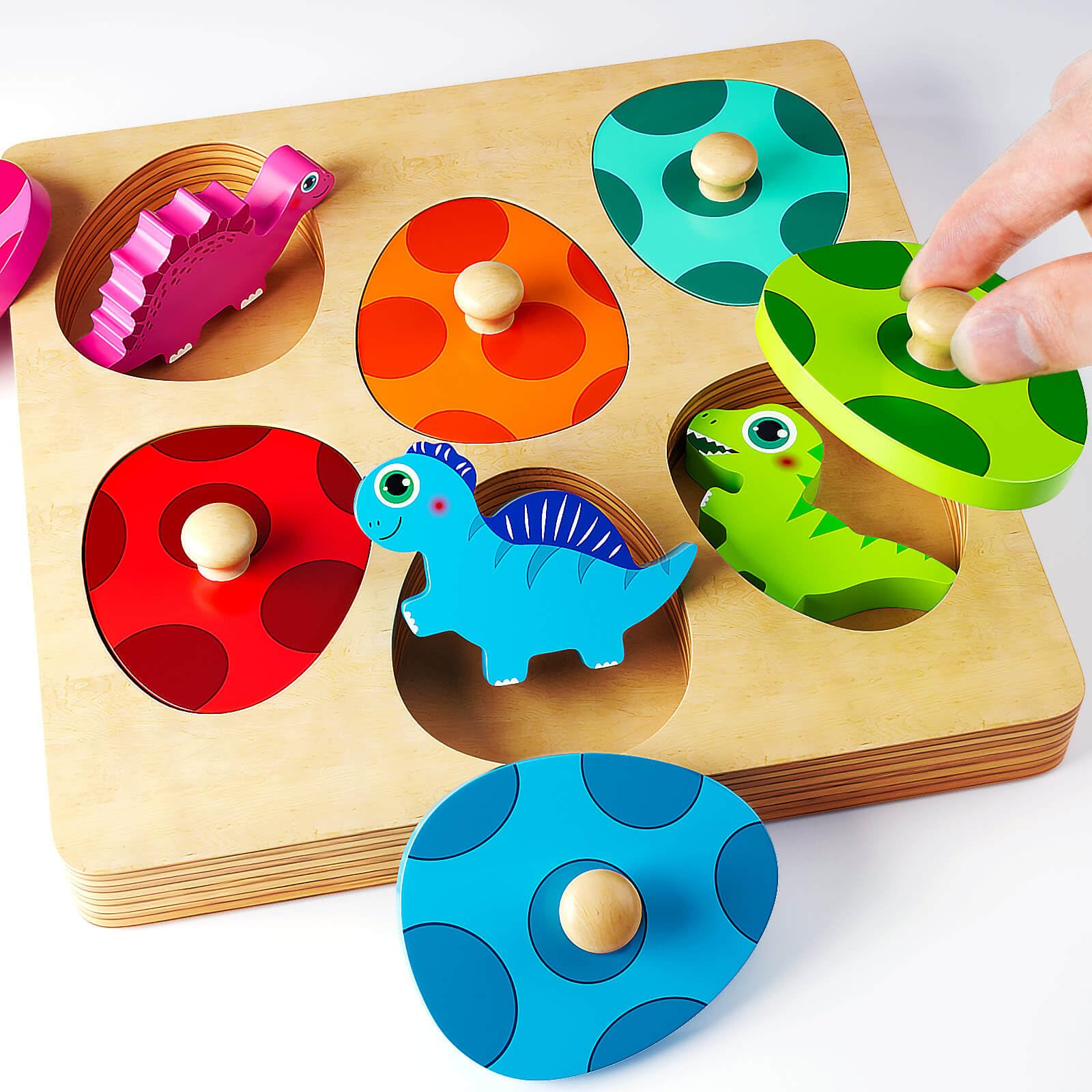 Dinosaur Peg Puzzles Wooden Toys for 1 2 Year Old: Montessori Toys for Boys Girls Baby Easter Birthday Gifts - Educational Learning Toys for Toddlers Kids Age 1 2 3