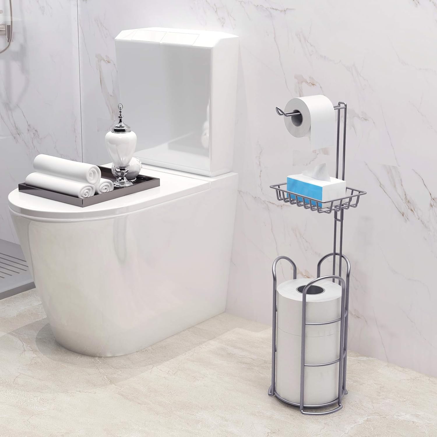 Upgrade Toilet Paper Holder Stand, Silver Gray Freestanding Toilet Paper Roll Holders with Shelf, Bathroom Tissue Storage Rack: Kitchen & Dining