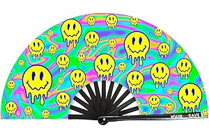 HOUSE OF RAVE Funny Rave Fan Large Folding Hand Fan UV Glow Festival Fan Rave Accessory for Men & Women - Real Wooden Fan