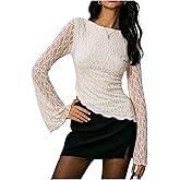 Verdusa Women's Y2k Lace Bell Long Sleeve Top Sheer Boat Neck Asymmetrical Fitted Going Out Tops