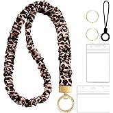 Zkptops Scrunchie Lanyard for ID Badges Keys Neck Lanyard with Two Card Holders Stretchy Teachers Lanyards for Women Retractable Keychain Lanyards Leopard Print Keychain Strap Office Accessories