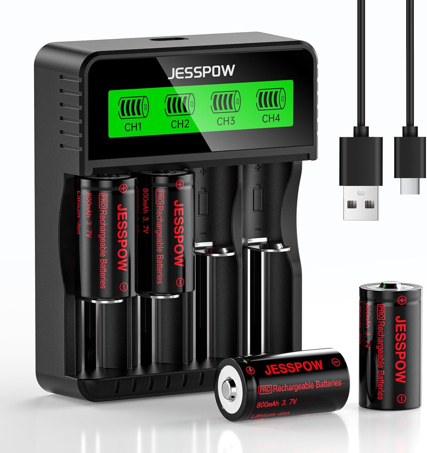CR123A Batterie mit Ladegerät, 3,7V Akku Wiederaufladbare für Taschenlampen Kameras Mikrofon Warnsystem, CR123A Akku