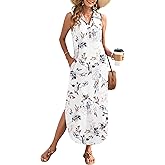 MOLERANI Women's Floral Dress Summer Beach Vacation Long Dress Lapel V Neck Casual Tank Maxi Sundress with Pockets 2026 Boho Dresses Loose Fit, Floral White, M