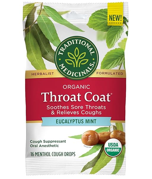 TRADITIONAL MEDICINALS LOZENGES, ORGANIC THROAT COAT LOZENGES, EUCALYPTUS MINT, SOOTHES SORE THROATS & RELIEVES COUGHS, 16 INDIVIDUALLY WRAPPED