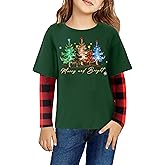 Christmas Shirts for Kids Girls Boys Christmas Tree Graphic Tee Xmas Long Sleeve Stripe Plaid Tops