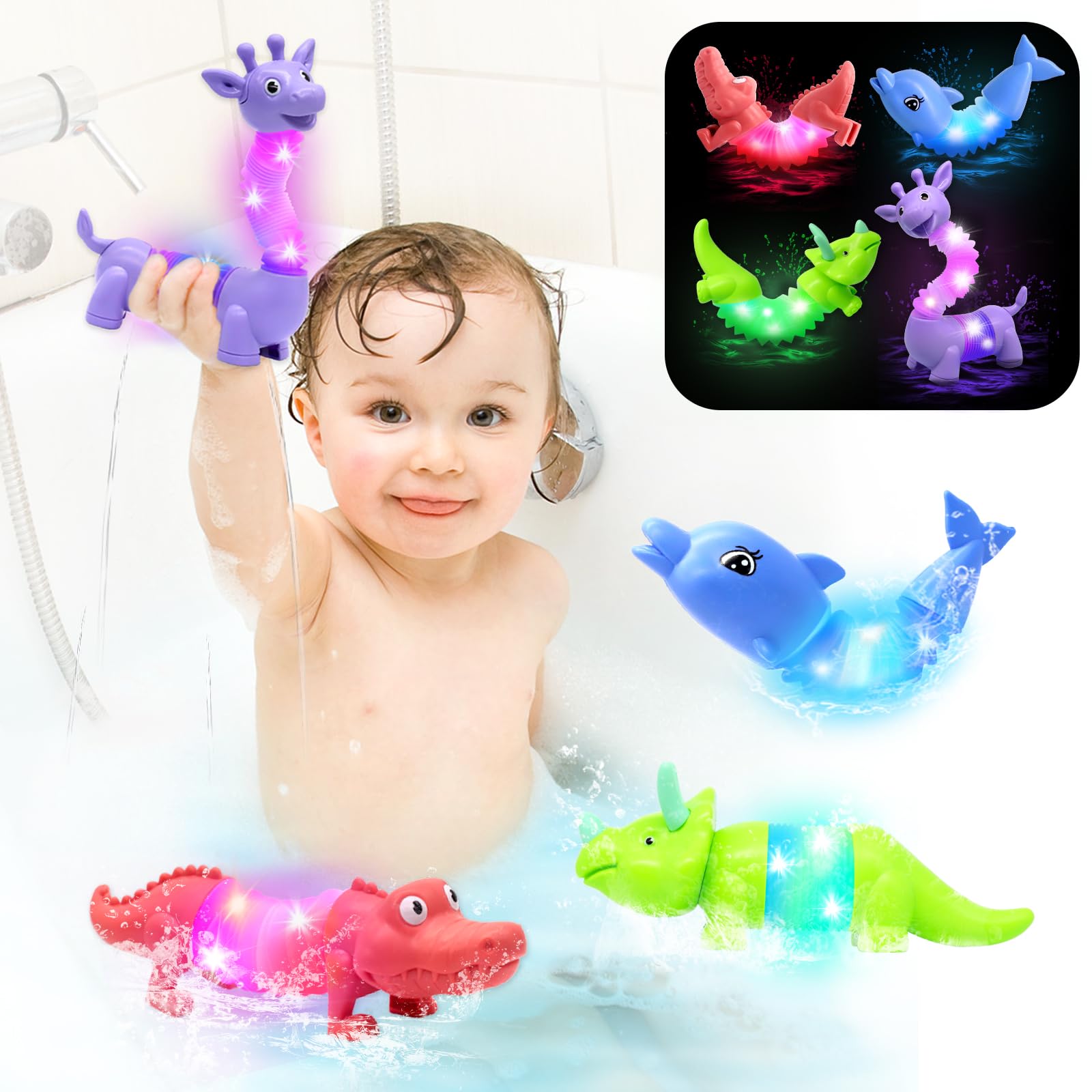 Photo 1 of 2025 Upgraded Baby Bath Toys,Educational Light Up Bath Toys for Kids 1-3, 4 Pcs Light Up Floating ,Stress Relief, Toddler Newborn Birthday Easter Baby Gifts