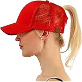 C.C Ponytail Messy Buns Trucker Ponycaps Plain Baseball Visor Cap Dad Hat Red