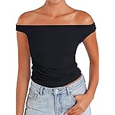 Sunzel Women's Off Shoulder Sleeveless Crop Top, Y2K Trendy Going Out Tank Shirt, Asymmetrical Neckline & Ruched Detail