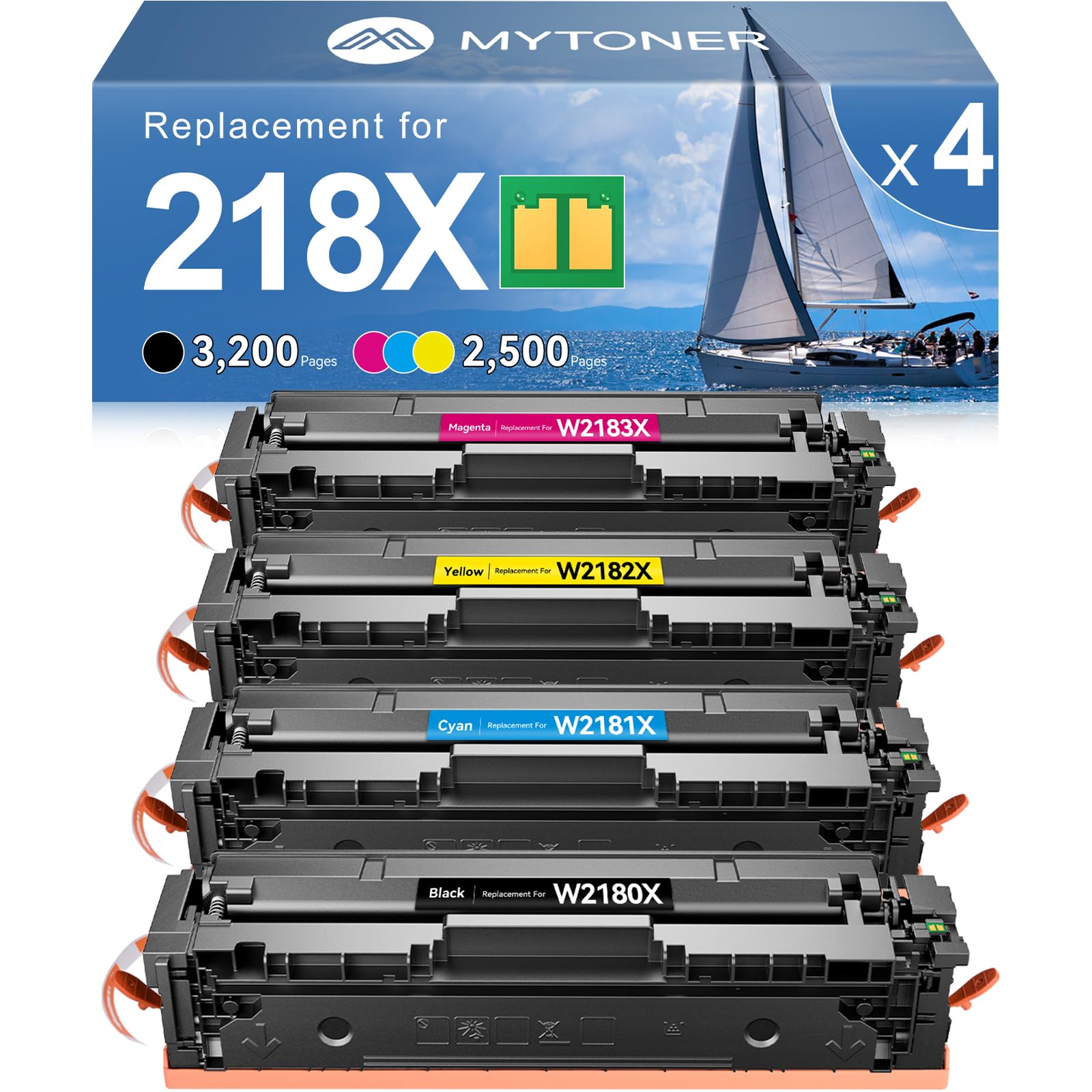 Photo 1 of MYTONER 218X Toner Cartridges 4 Pack 3301fdw [with Chip] Compatible Replacement for HP 218X W2180X 218 218A W2180A for Color Laserjet MFP 3301fdw 3301cdw Pro 3201dw 3301sdw Printer High Yield, B/C/M/Y