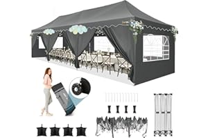 HOTEEL 10x30 Pop Up Canopy with 8 Sidewalls, Easy Setup Party Tent with Weight Bags, Wheeled Bag, Waterproof Event Shelter with Extra Roof Height for Backyard, Wedding (Green Gray)