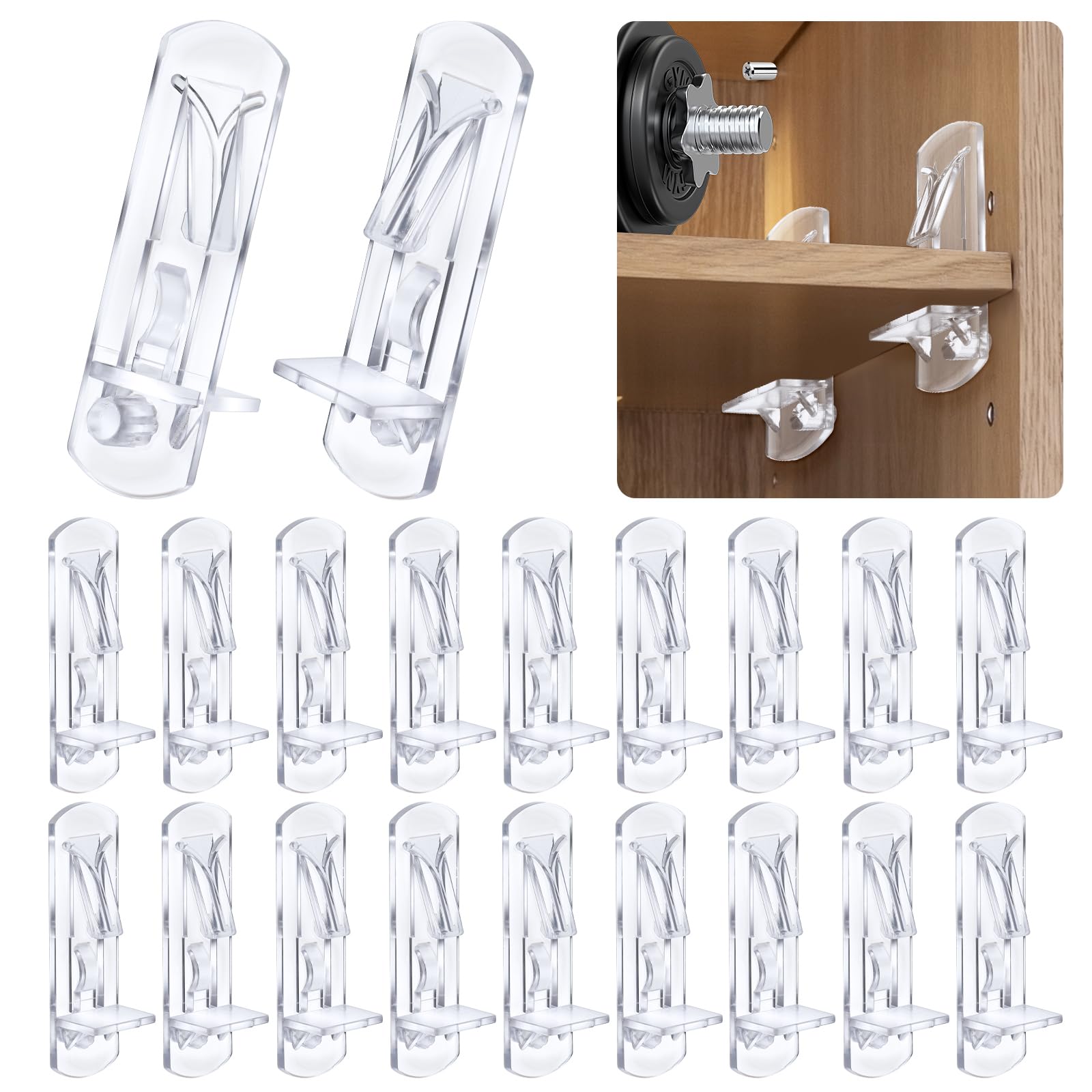 Ptwola 20pcs Plastic Locking Shelf Pins Shelf Support Pegs Fits 5mm Diameter Hole & 20mm Thick Shelves Cabinet Clear Self-Locking Bracket for Kitchen Furniture Book Shelves