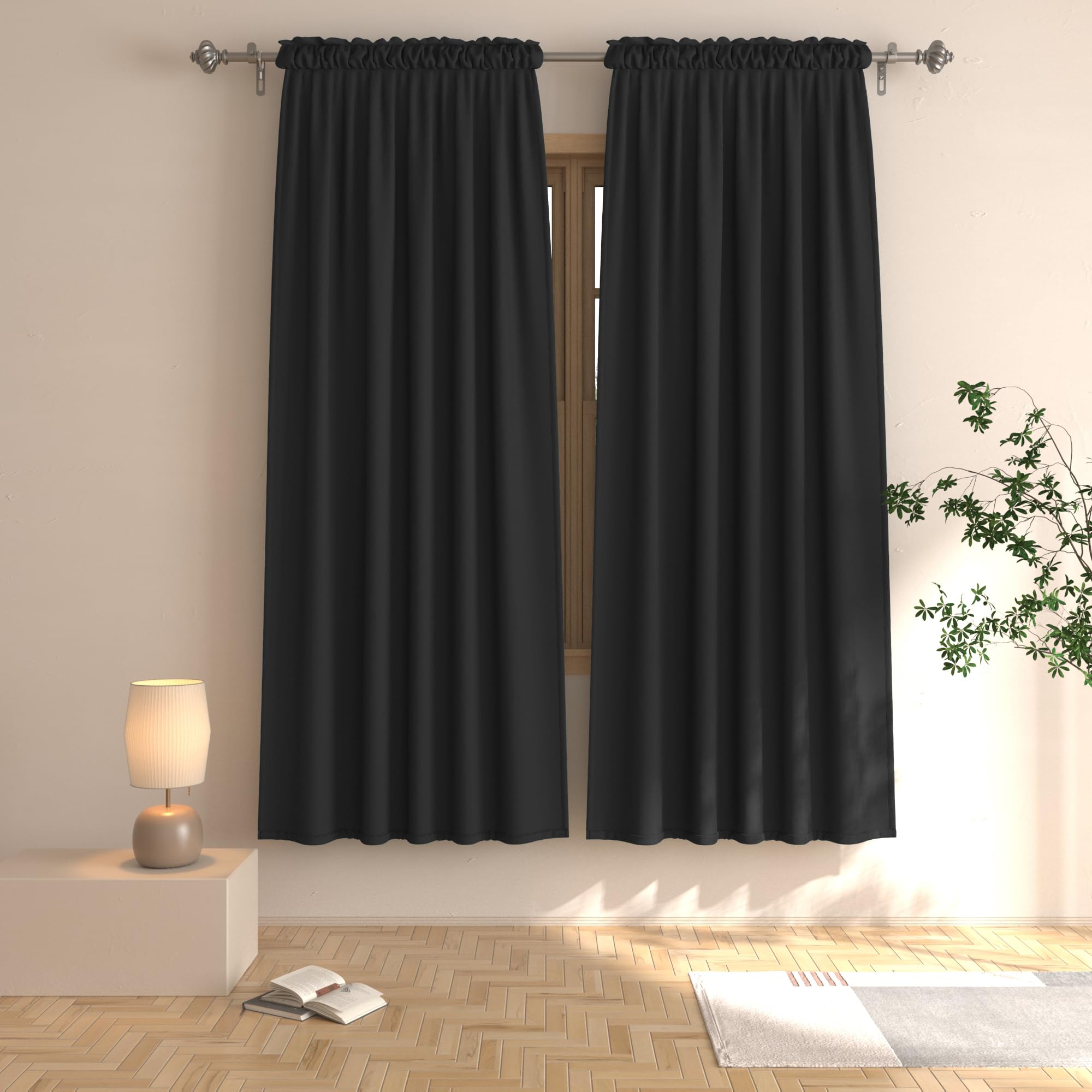Photo 1 of UPOPO Black Blackout Curtains Bedroom 63 inches Long Window Curtain Panels Room Darkening Living Room Rod Pocket Thermal Insulated Drapes Kitchen Bathroom Basement 2 Panels 52"x63"