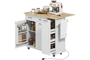HOMCOM Rolling Kitchen Island with Drop Leaf, Power Outlet, Wood Top, Storage, Kitchen Cart with 2 Drawers, 2 Cabinets, Adjus