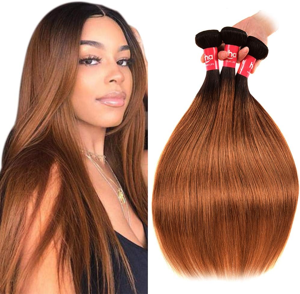 Haha 10A Ombre Human Hair Bundles 1b/30 Brazilian Ombre Straight Hair Bundles 10 12 14 Two Tones Black to Brown Ombre Weave Hair Human Bundles Virgin Hair Extensions