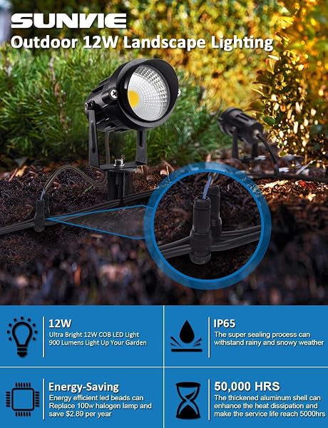 SUNVIE 12W LOW VOLTAGE LED LANDSCAPE LIGHTS WITH CONNECTORS, OUTDOOR 12V SUPER WARM WHITE (900LM) WATERPROOF GARDEN PATHWAY LIGHTS WALL TREE FLAG SPOTLIGHTS WITH SPIKE STAND (12 PACK WITH CONNECTOR)
