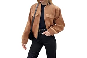 Zeagoo Womens Cropped Jacket Stand Collar Long Sleeve Zip Up Shackets Bomber Jacket Coats with Pockets