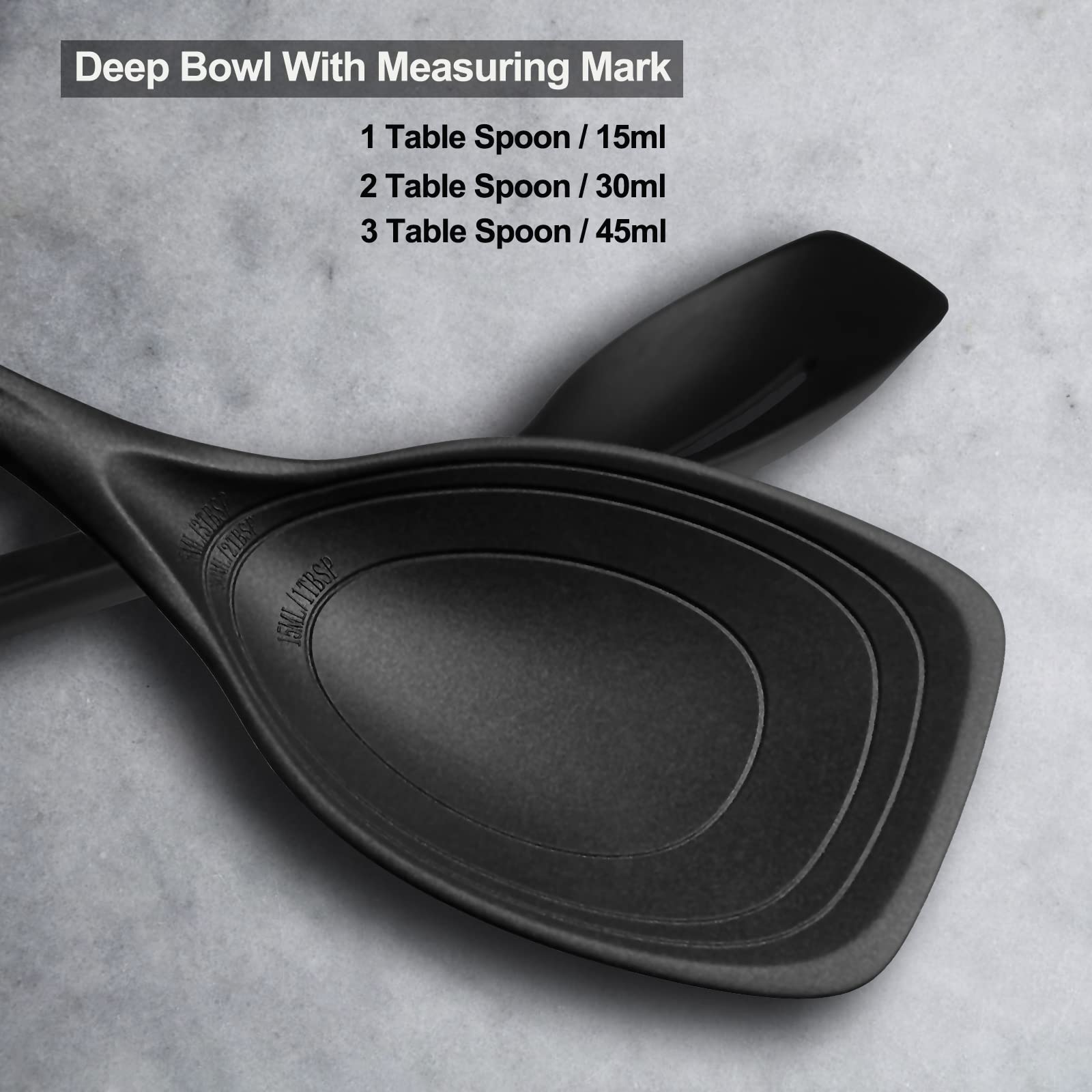 2 Pack Large Silicone Cooking Spoon, Non-Stick Slotted and Solid Spoon set with Deep Bolw and Measurement Mark for Mixing, Serving, Draining, Scooping, Scraping, Heat Resistant Kitchen Utensils, Black