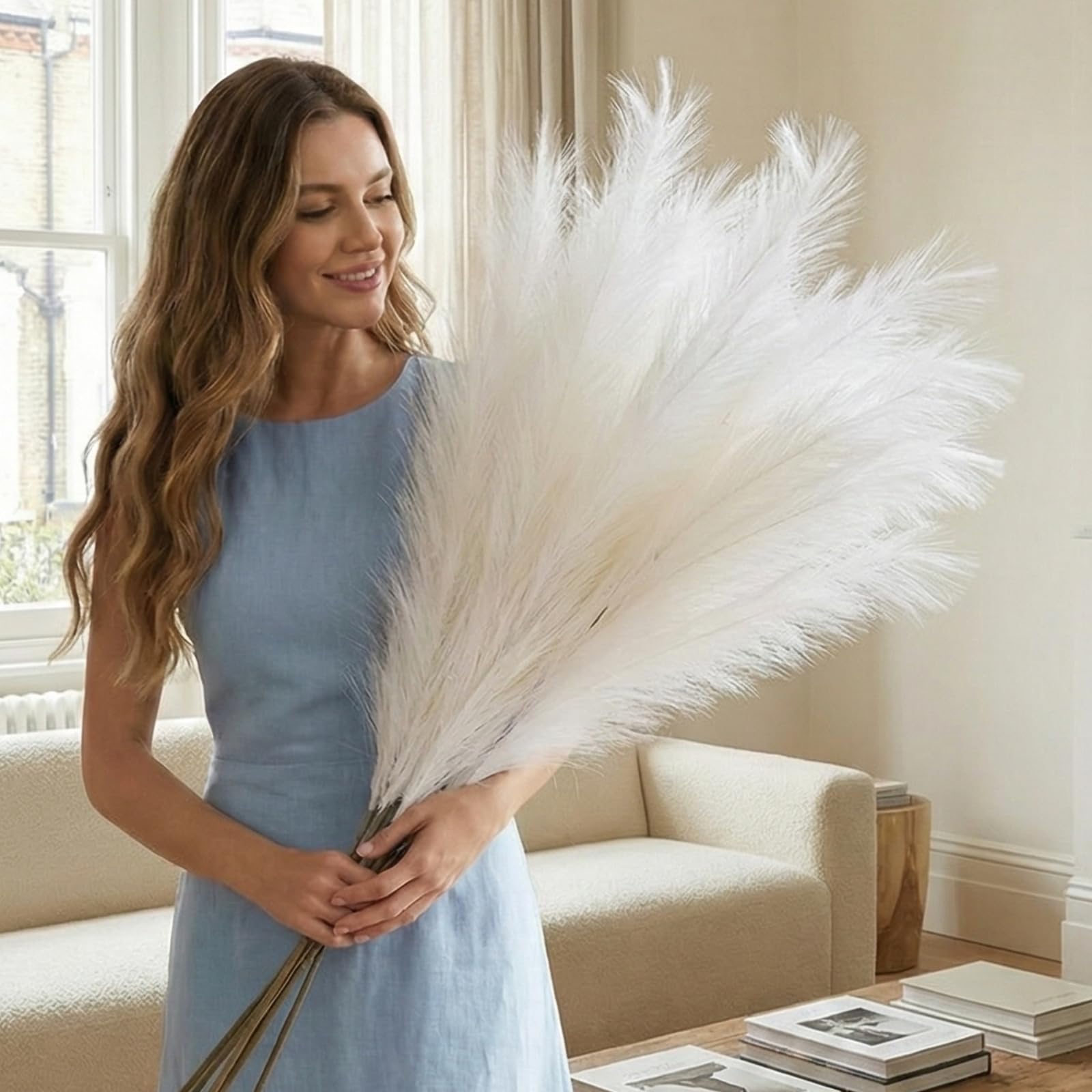 White Pampas Grass Large 3 stems x 116cm Large White Feathers Fake Plants Pampas Grass Long Stem Artificial Flowers For Tall Vases Tall Artificial Flowers