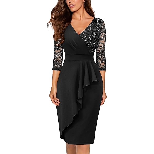 Miusol Women's Classy V-Neck Floral lace 3/4 Sleeve Cocktail Party